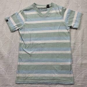 Micros Juniors Womens V-Neck Tee Size Small Stripes Blue, Green and White